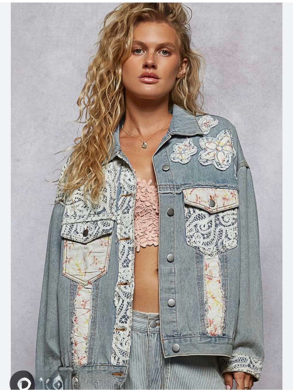 POL Light Blue Denim Jacket with White Lace & Pink Floral Patches